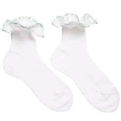 Story Loris Girls White Cotton Socks With Pale Green Ribbon Ruffles