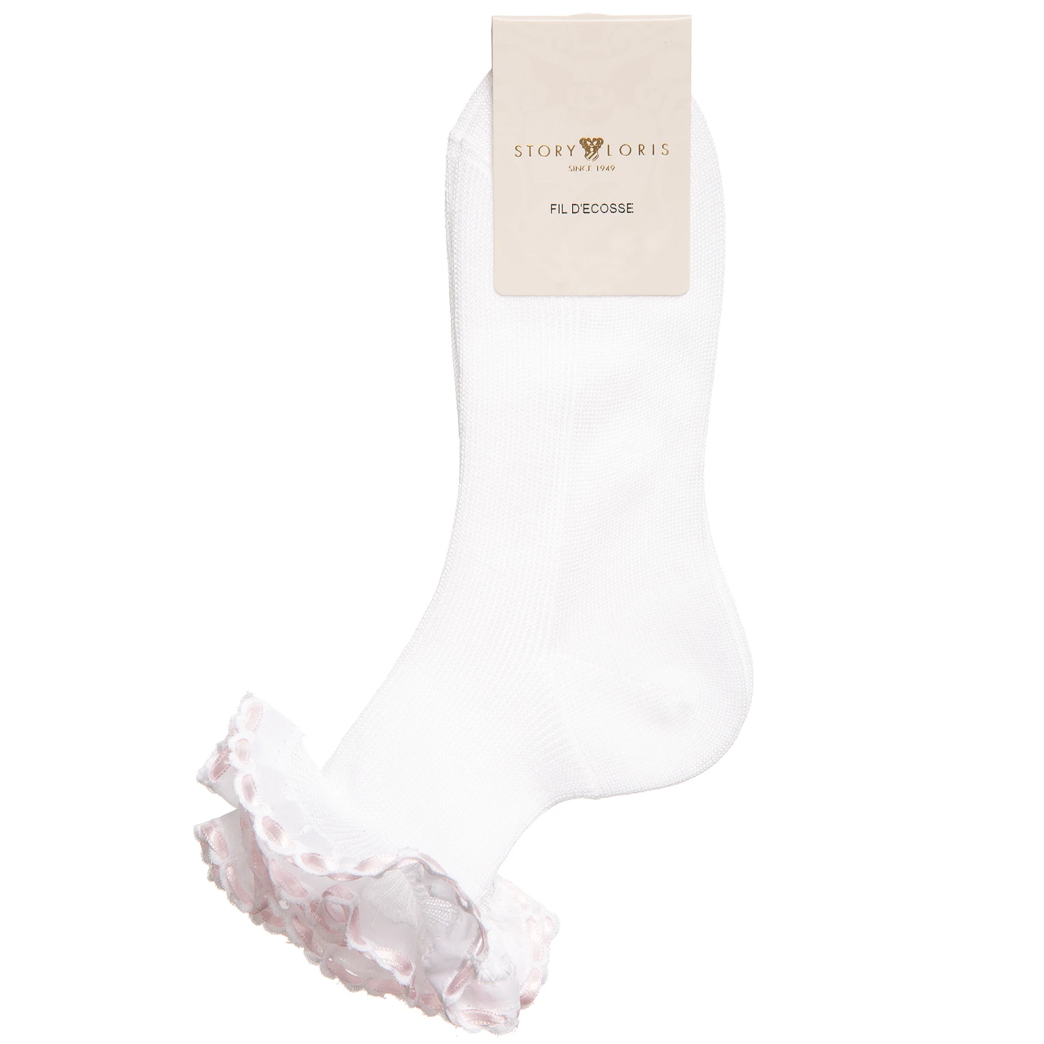Story Loris Girls White Cotton Socks With Pale Pink Ribbon Ruffles 2 Story Loris Girls White Cotton Socks With Pale Pink Ribbon Ruffles - Image 2