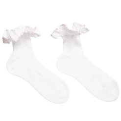 Story Loris Girls White Cotton Socks With Pale Pink Ribbon Ruffles