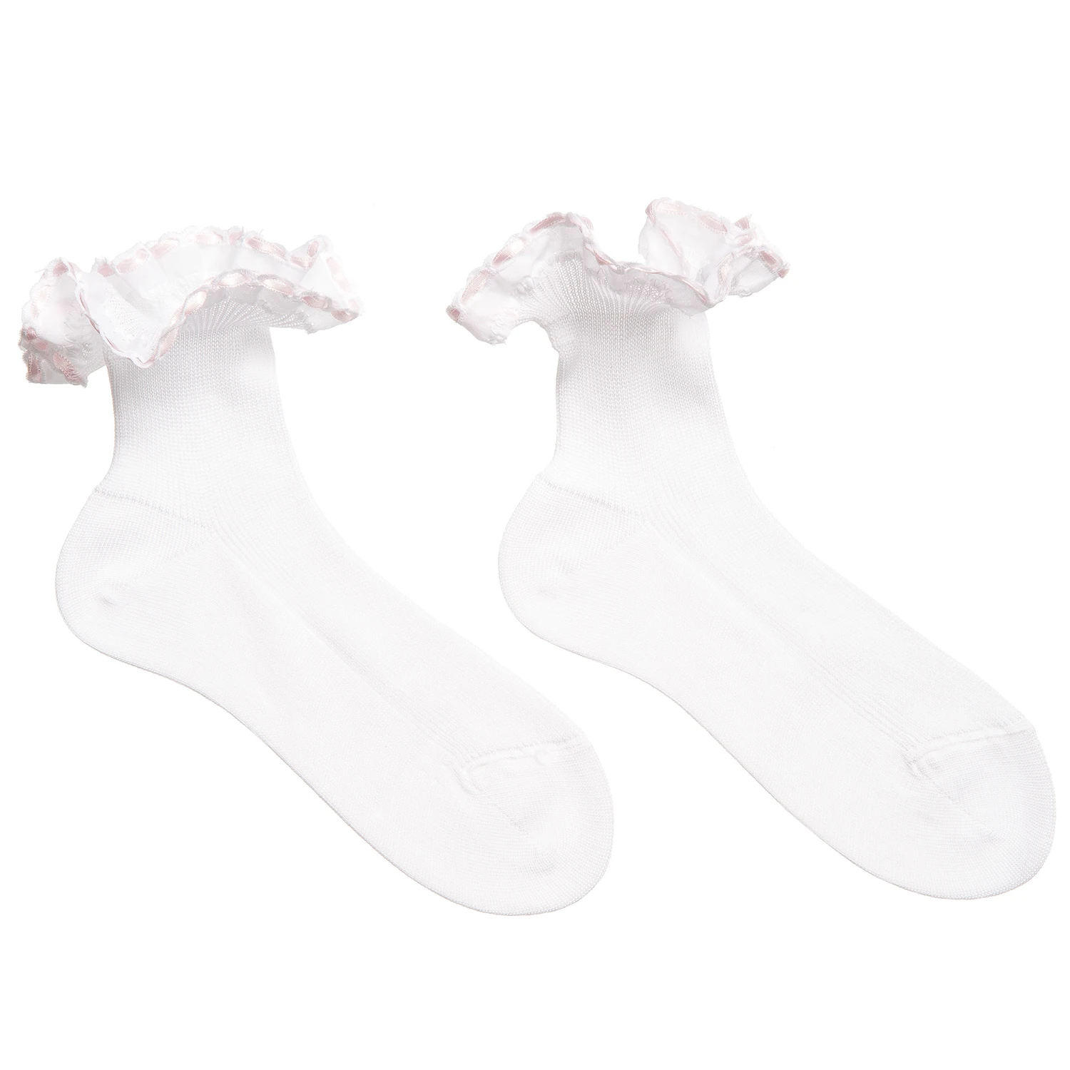 Story Loris Girls White Cotton Socks With Pale Pink Ribbon Ruffles 1 Story Loris Girls White Cotton Socks With Pale Pink Ribbon Ruffles