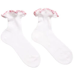 Story Loris Girls White Cotton Socks With Pink Ribbon Ruffles