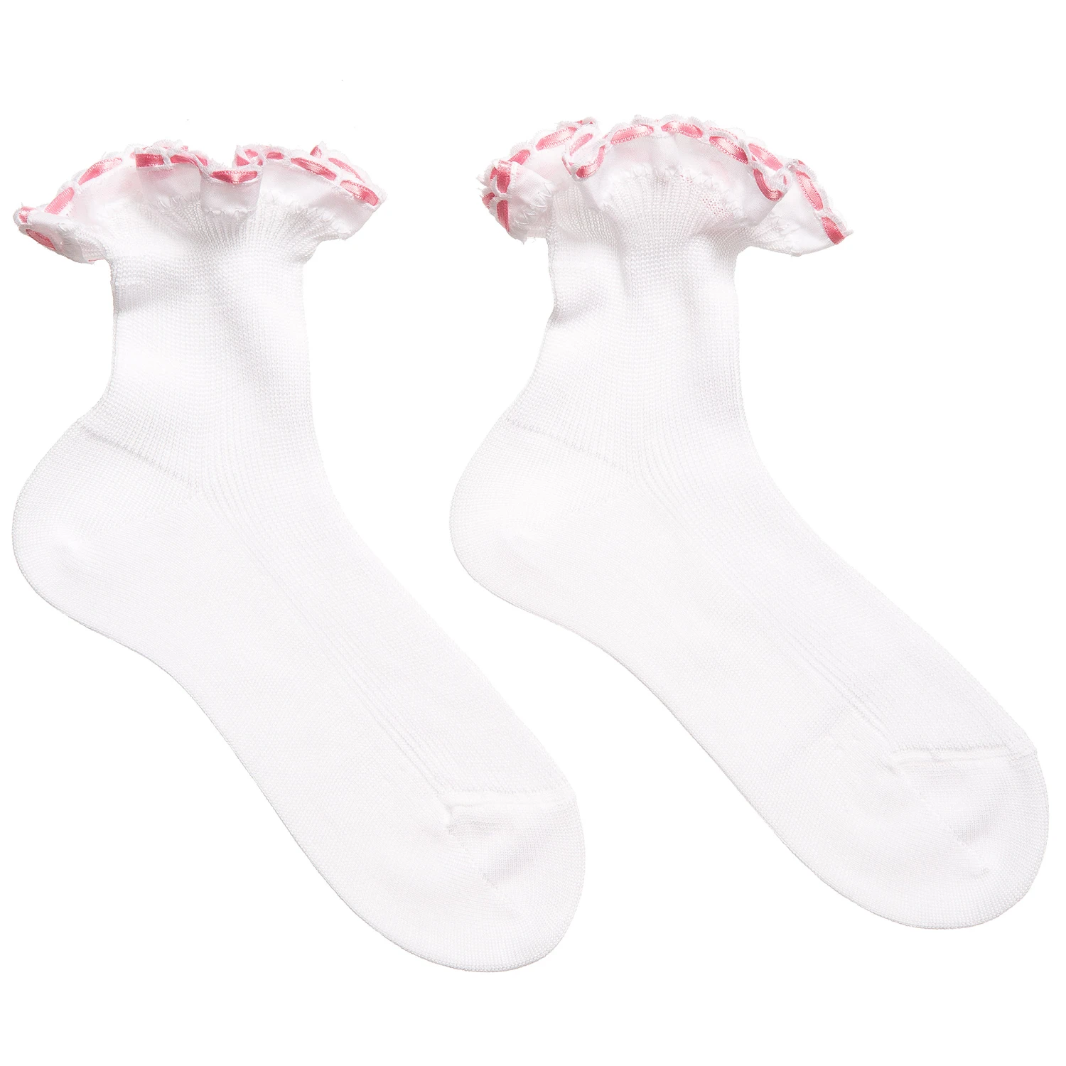 Story Loris Girls White Cotton Socks With Pink Ribbon Ruffles 1 Story Loris Girls White Cotton Socks With Pink Ribbon Ruffles