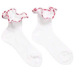 Story Loris Girls White Cotton Socks With Red Ribbon Ruffles
