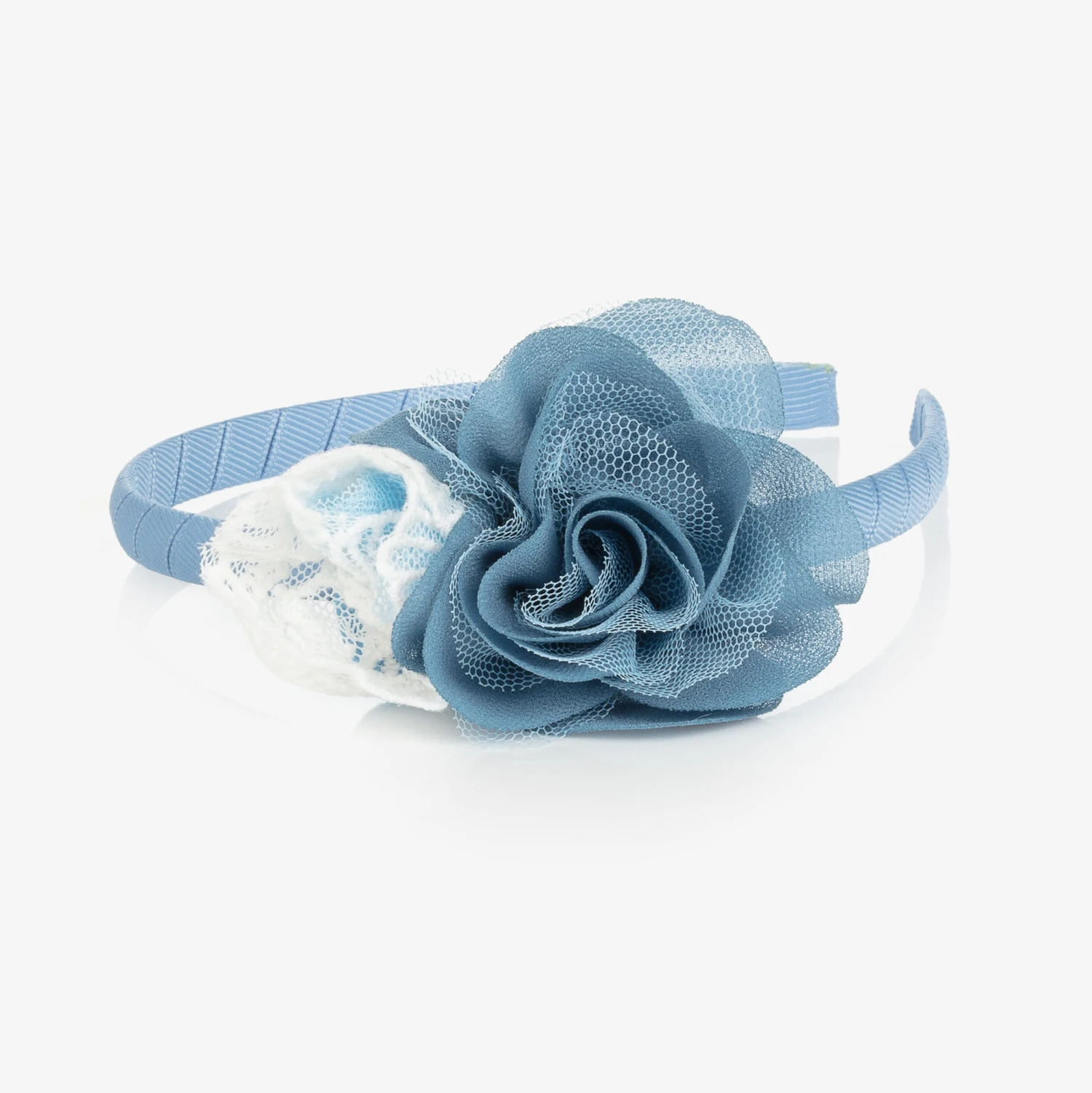 Tutto Piccolo Girls Blue Chiffon & Lace Flower Hairband 2 Tutto Piccolo Girls Blue Chiffon & Lace Flower Hairband - Image 2